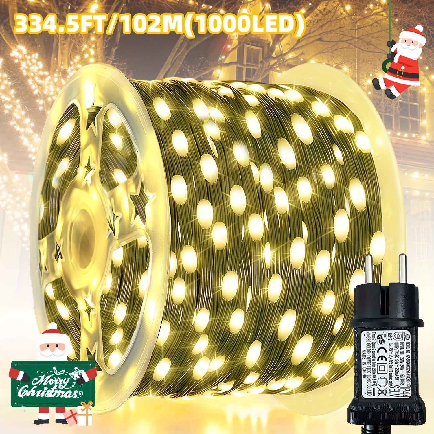 1000/300 LED Christmas Fairy Lights, PVC Green Wire String Lights, European Plug Powered Garden Lights, Button Switch 12 Modes, Long Press for Timer, Suitable for Yard, Fence, Wedding, Christmas Decoration, Christmas Tree, Ch