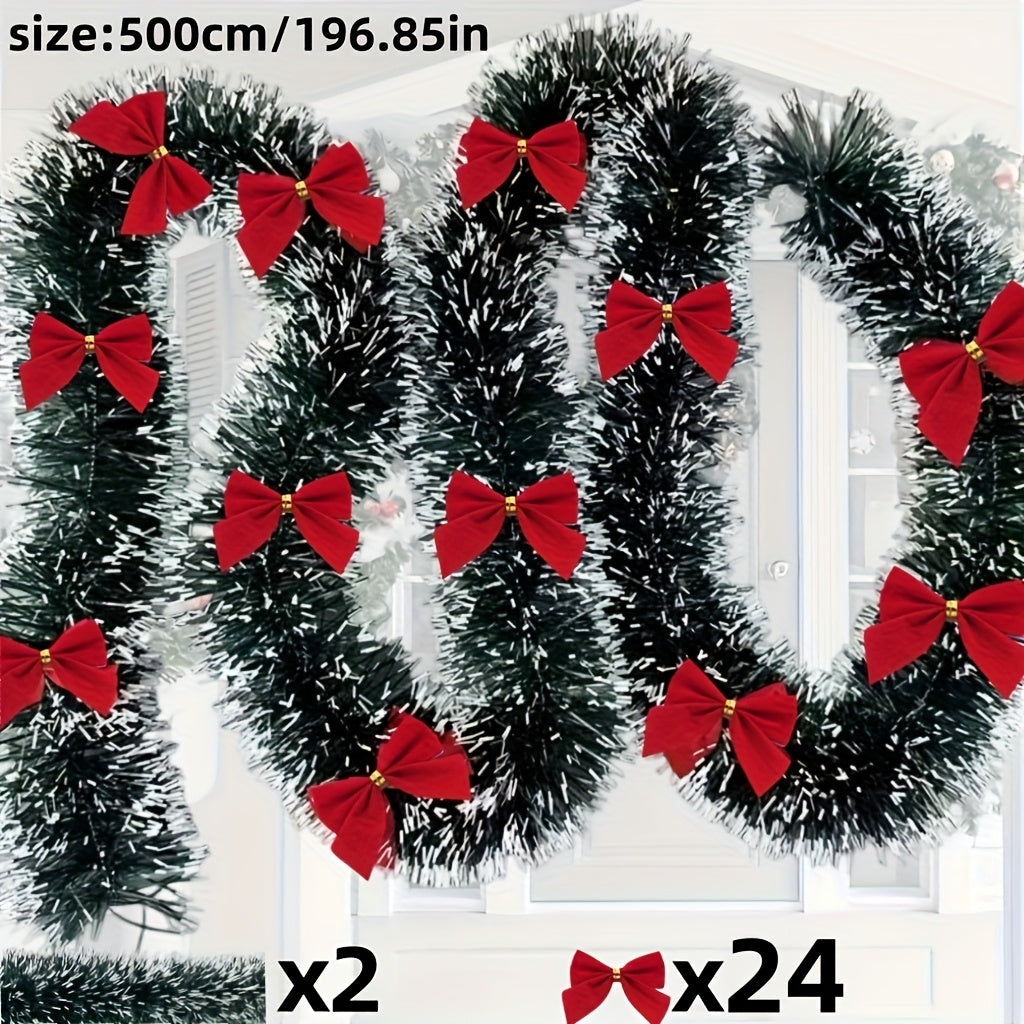 10.0 meter - 2pcs Set with Red Bow, Dark Green and White Snowflake Christmas Garland Decoration, No Light Artificial Wreath, Suitable for Outdoor or Indoor, High-Quality Soft Green Holiday Decoration, Suitable for Indoor/Outd