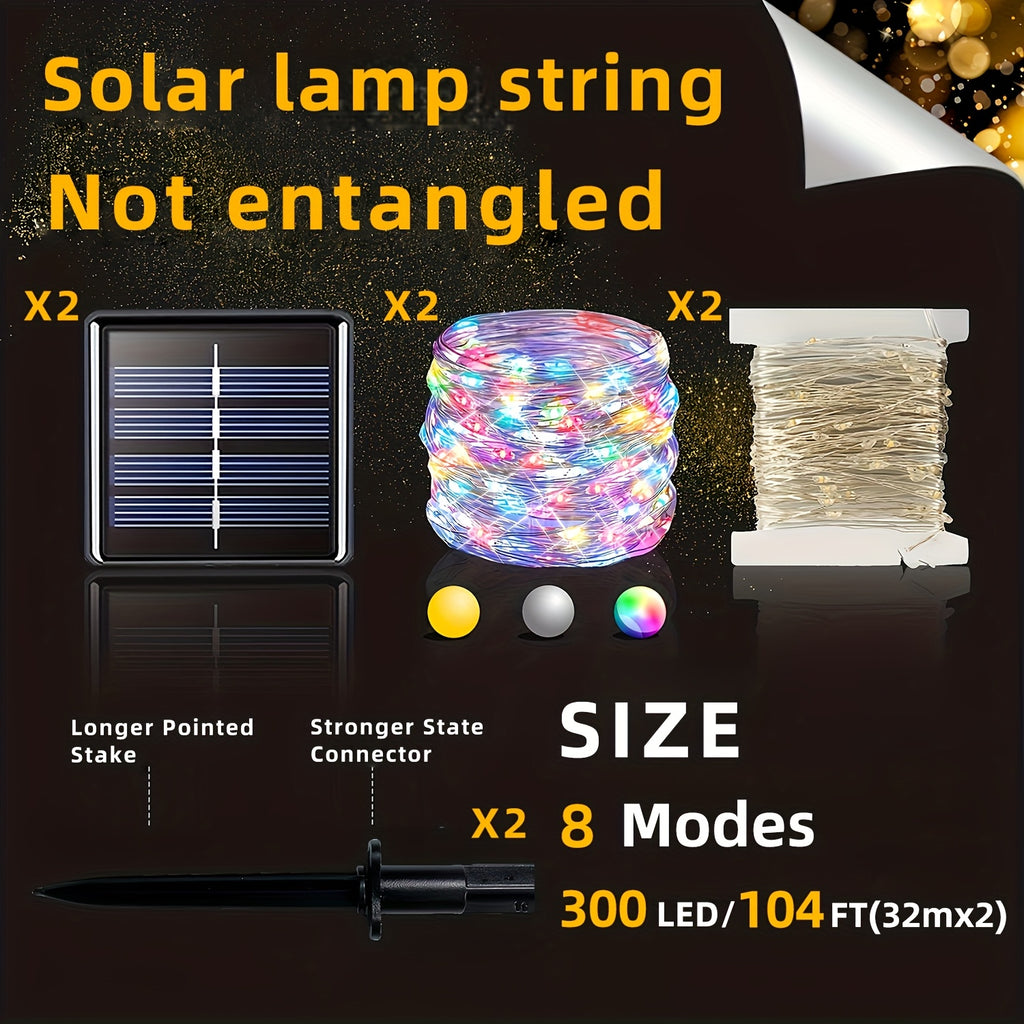 2 Pack of 31.7meter (300LED) Solar Outdoor Lights, Outdoor Solar String Lights, Copper Wire 8 Pattern Solar Fairy Tale Lights Garden Yard Tree Christmas Party Wedding (Warm White/ Cool White/ Multicolors)