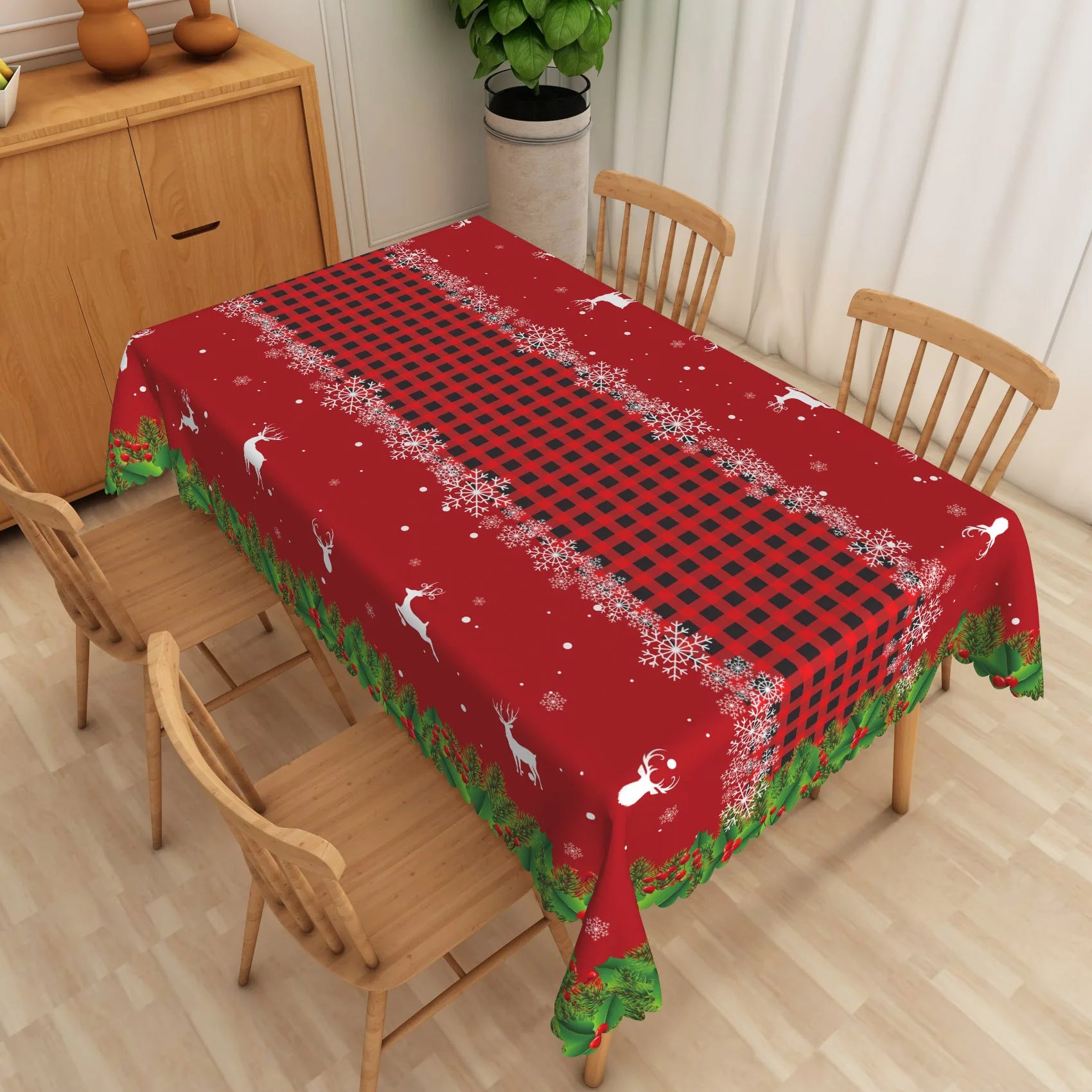 Christmas Tablecloth Winter Snow Snowman Pine Trees Red Washable Table Cover for Party Outdoor Picnic Dinner Table Decoration