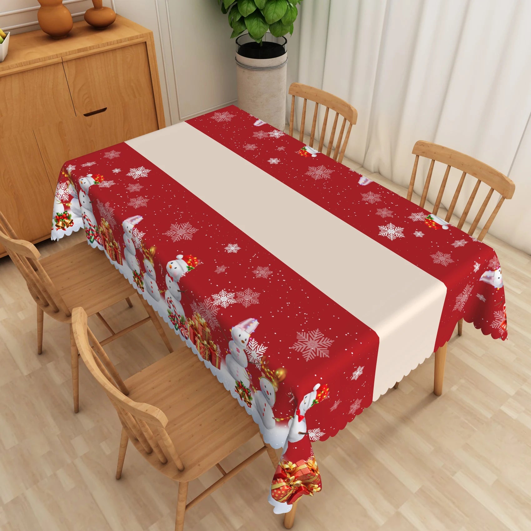 Christmas Tablecloth Winter Snow Snowman Pine Trees Red Washable Table Cover for Party Outdoor Picnic Dinner Table Decoration