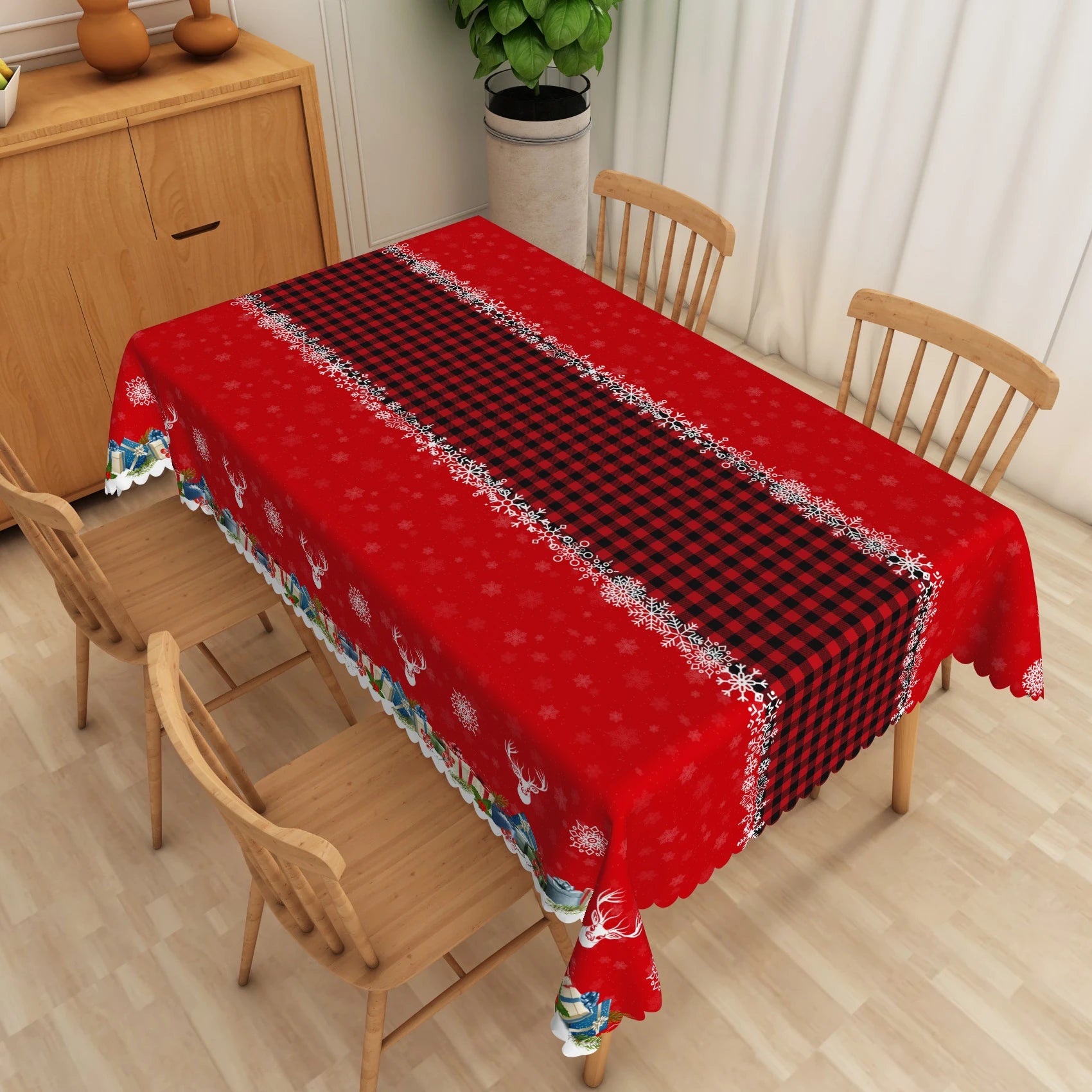 Christmas Tablecloth Winter Snow Snowman Pine Trees Red Washable Table Cover for Party Outdoor Picnic Dinner Table Decoration