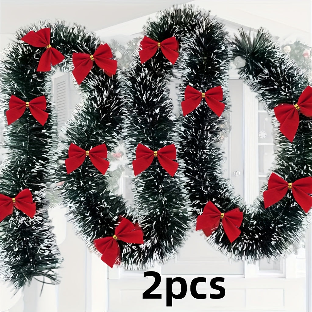 10.0 meter - 2pcs Set with Red Bow, Dark Green and White Snowflake Christmas Garland Decoration, No Light Artificial Wreath, Suitable for Outdoor or Indoor, High-Quality Soft Green Holiday Decoration, Suitable for Indoor/Outd