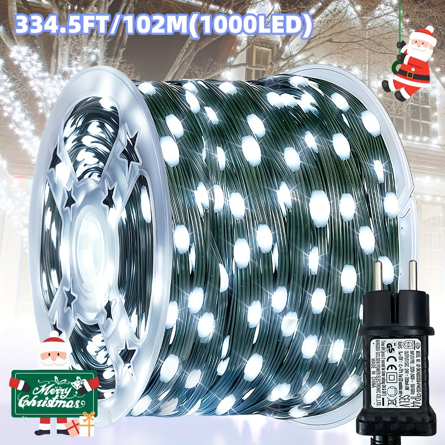 1000/300 LED Christmas Fairy Lights, PVC Green Wire String Lights, European Plug Powered Garden Lights, Button Switch 12 Modes, Long Press for Timer, Suitable for Yard, Fence, Wedding, Christmas Decoration, Christmas Tree, Ch