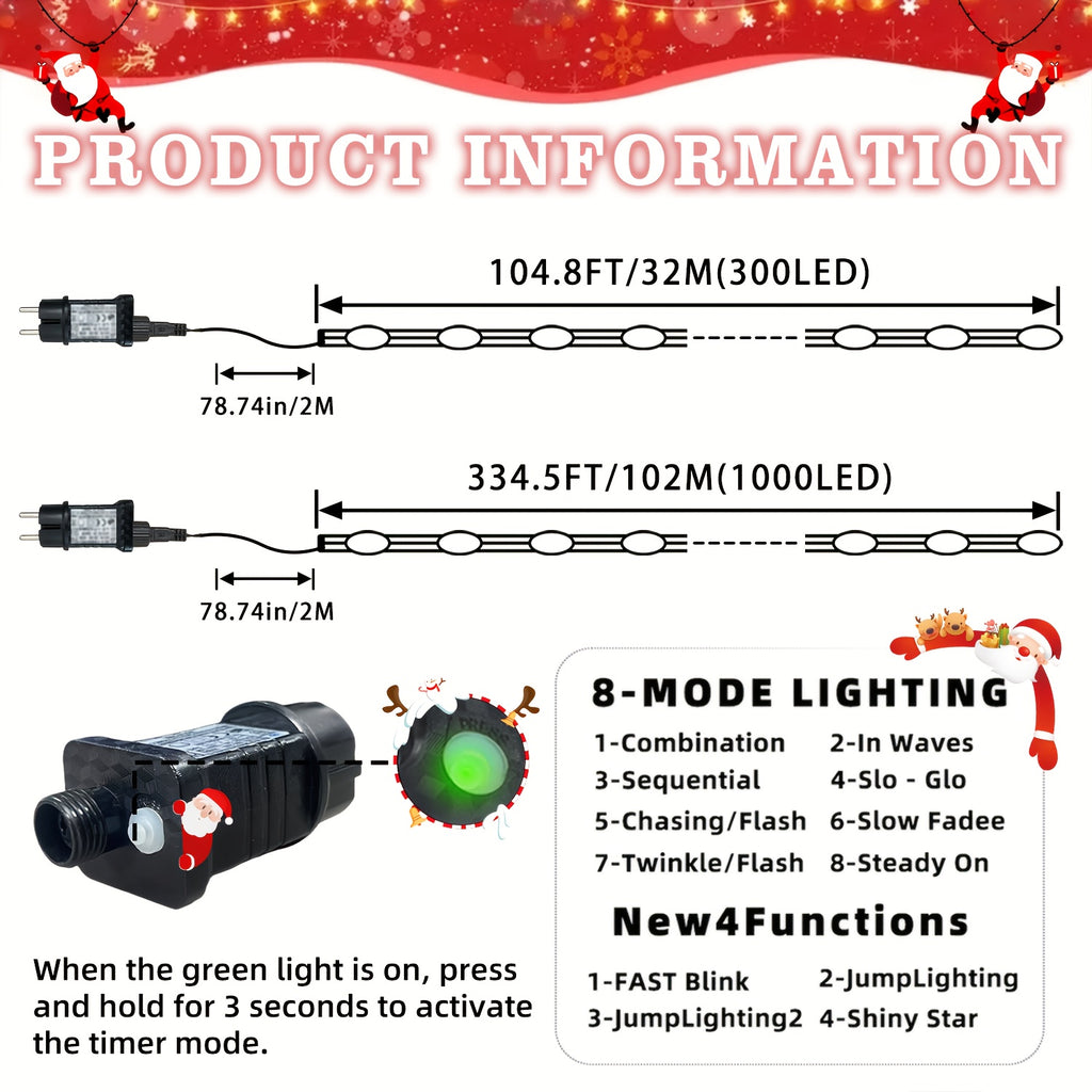 1000/300 LED Christmas Fairy Lights, PVC Green Wire String Lights, European Plug Powered Garden Lights, Button Switch 12 Modes, Long Press for Timer, Suitable for Yard, Fence, Wedding, Christmas Decoration, Christmas Tree, Ch